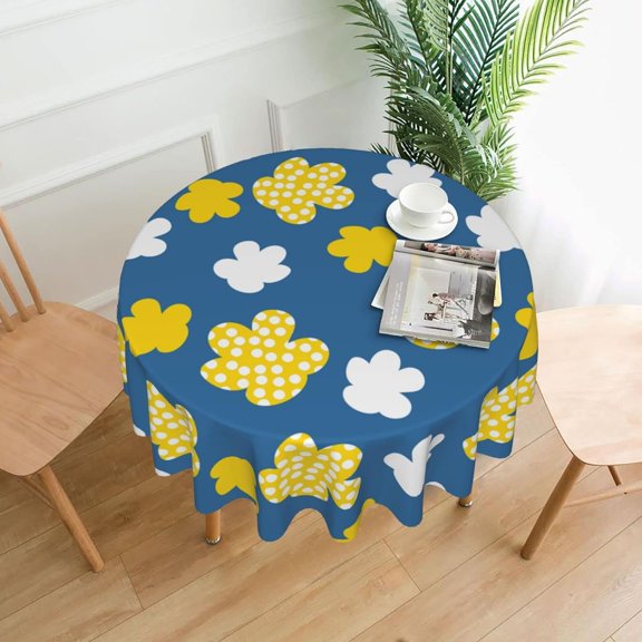 Summer Spotted Flowers in 1970s Style Tablecloth Round Table Cover Washable Polyester Table Cloth for Kitchen Party Picnic Dining Decor 60 Inch