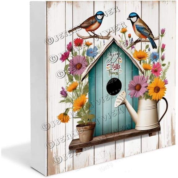Summer Spring Bird with Flower Wooden Box Sign Desk Decor, Enjoy The Little Things Wood Box Sign Block for Living Room Bedroom Shelf Tabletop Decoration 5"x5"
