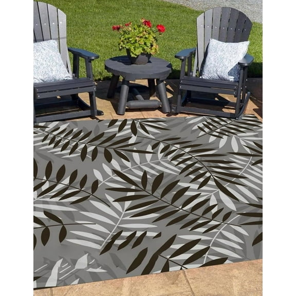Summer Spring Black Grey Tropical Botanical Leaves Pattern Indoor Outdoor Area Rug Waterproof No Slip Outside Rug For RV Camping Backyard Garden Patio Deck Balcony Mat 5x7ft