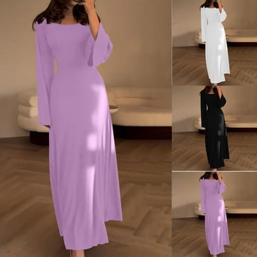Summer Spring Dresses for Women 2024 New Solid Round Neck Long Sleeve Split Loose Relaxed Maxi Dress Womens Prom Dress Black qILAKOG Size L