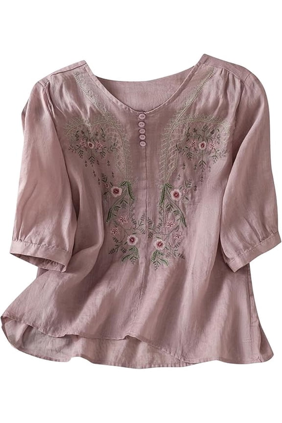 Summer Spring Embroidered Cotton Linen Tops for Women Dressy 3/4 Sleeve Peasant Gauze Fashion Blouses Casual Bohemian Shirts