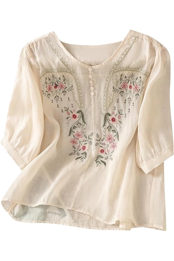 Summer Spring Embroidered Cotton Linen Tops for Women Dressy 3/4 Sleeve Peasant Gauze Fashion Blouses Casual Bohemian Shirts