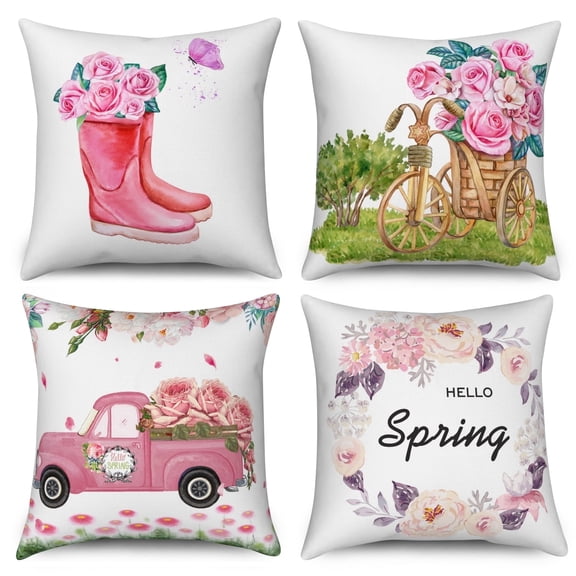 Summer Spring Floral Throw Pillow Covers 18x18 Set of 4,Farmhouse Pink Flower Decorative Pillow Cases for Bedroom Sofa Couch