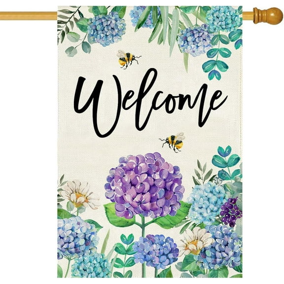 Summer Spring Hydrangea House Flag Double Sided 28x40 Inch, Purple Blue Flower Floral Welcome Garden Flag Burlap Vertical Seasonal Farmhouse Yard Outdoor Decoration (Large)