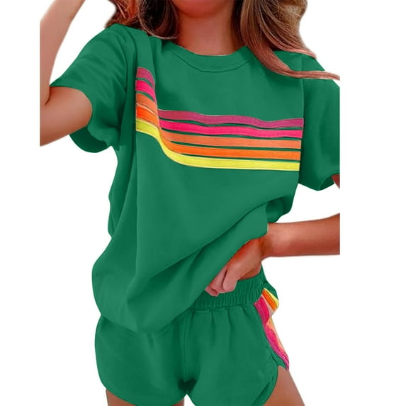 Summer Spring Lounge Set for Women Fashion 2025 Two Piece Colorful Striped Shirt with Shorts Loose Fit Casual Set