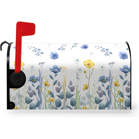 Summer Spring Mailbox Covers Standard Size 21x18 Inch Flowers Blue Mailbox Cover Magnetic Floral Post Letter Box Wraps for Garden Yard Decor