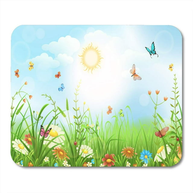 Summer Spring Meadow Green Grass Flowers and Butterflies Scenery Mousepad Mouse Pad Mouse Mat 9x10 inch