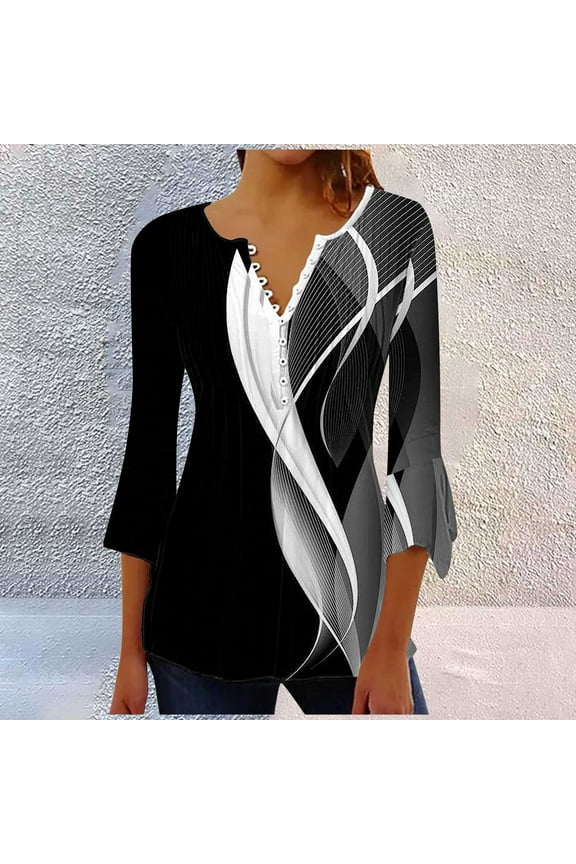 Summer Spring T-Shirts Women, 2025 Trendy Boho Floral Graphic Tunic 7 Sleeve V Neck Loose, Black S-3XL