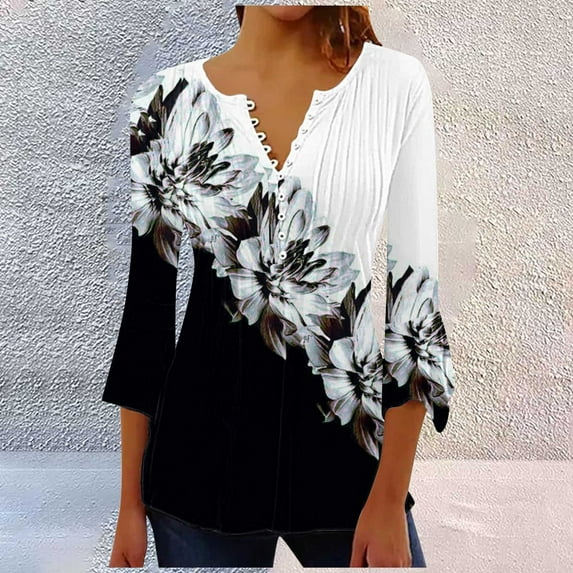Summer Spring T-Shirts Women, 2025 Trendy Boho Floral Graphic Tunic 7 Sleeve V Neck Loose, Gray S-3XL