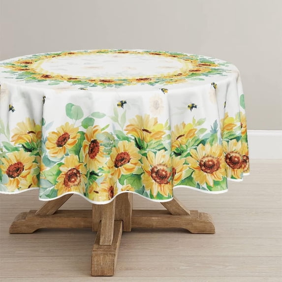 Summer Spring Tablecloth 60x60 Inch Round, Watercolor Sunflower Table Cover for Party Picnic Dinner Decor