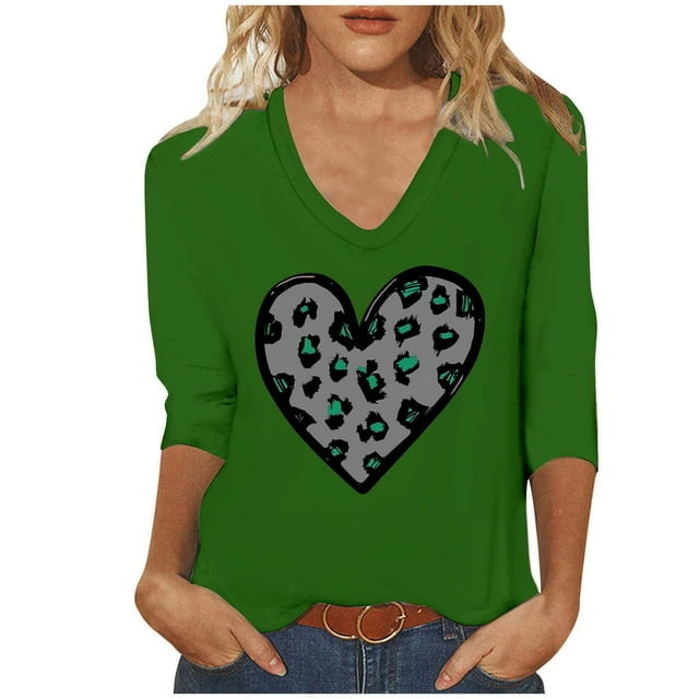 Summer Spring Tops for Women Fashion St. Patrick's Day Printed 3/4 Sleeve Tops V-Neck Tops Blouse Casual Blouse Green XXXXL