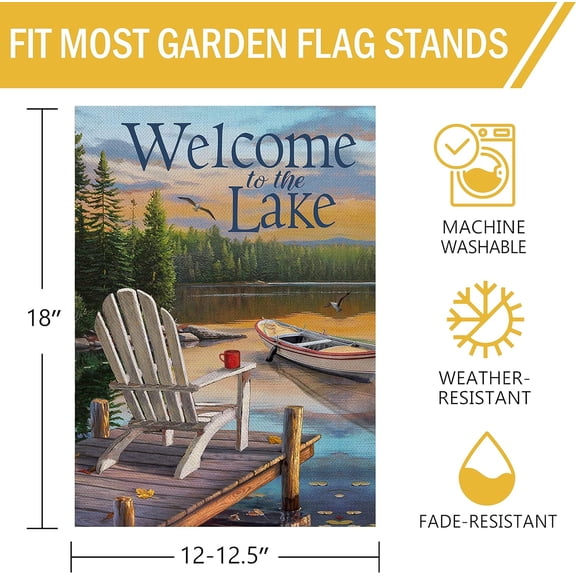 Summer Spring Welcome to the Lake Adirondack Chairs Small Decorative Garden Flag, Lakehouse Lakeside Boat Ocean Yard Outside Burlap Decoration Outdoor Decor Double Sided 12x18