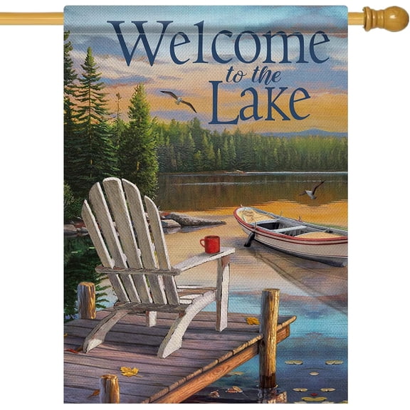 Summer Spring Welcome to the Lake Adirondack Chairs Small Decorative Garden Flag, Lakeside Boat Ocean Yard Outside Burlap Decoration Outdoor Decor Double Sided 12x18