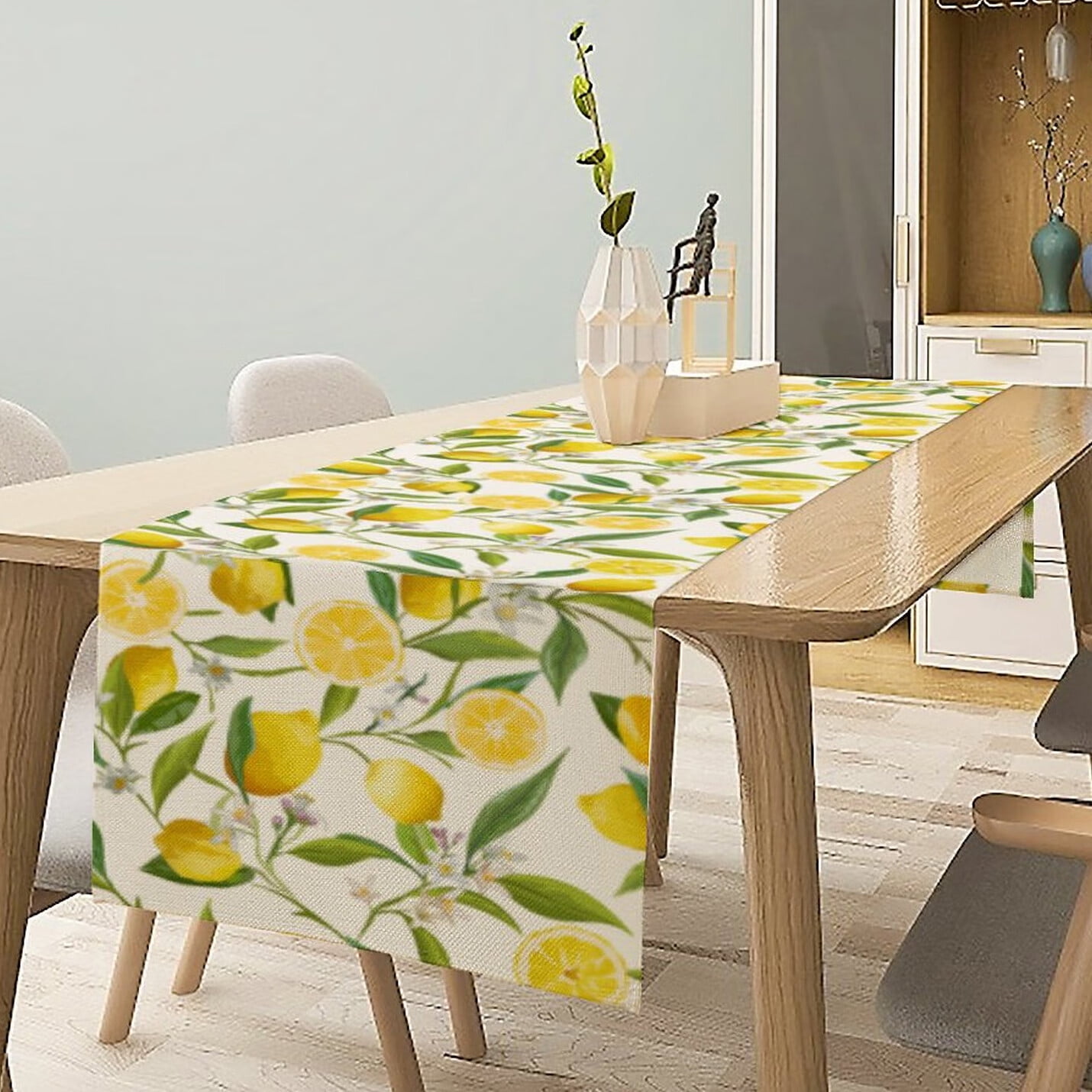 Summer Spring Yellow Lemon Linen Table Runner for Kitchen Dining