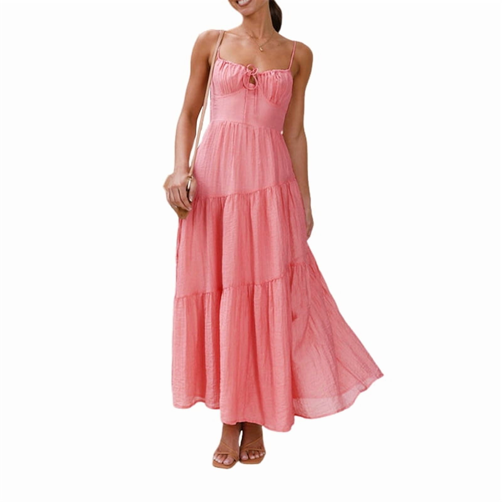Spaghetti Strap Corset Flowing Ruffle Back Maxi Dress Sunset