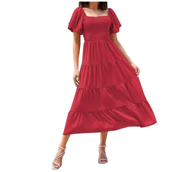 "Summer Square Neck Backless Puff Sleeve Ruched Short Sleeve Dress For Women"