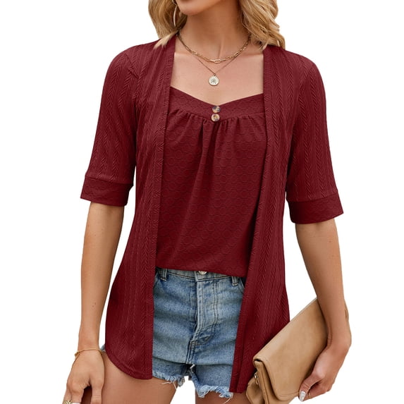 Summer Square Neck Button Spliced Mid-Sleeve Casual Women's T-Shirt Top