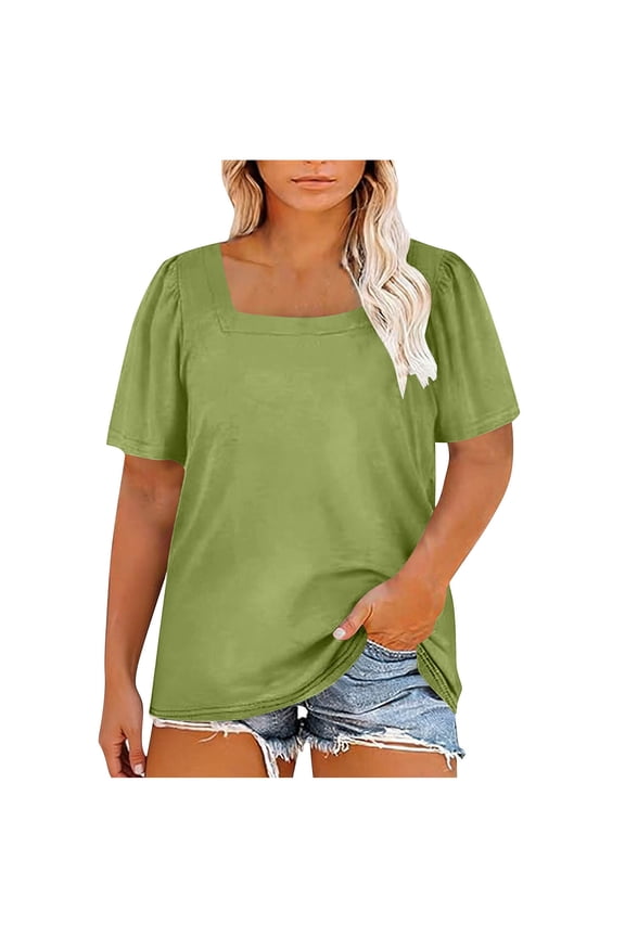 Summer Square Neck Tops for Women Plus Size Dressy Casual Blouses Puff Sleeve Trendy Basic Tees Tops (Green 2XL)