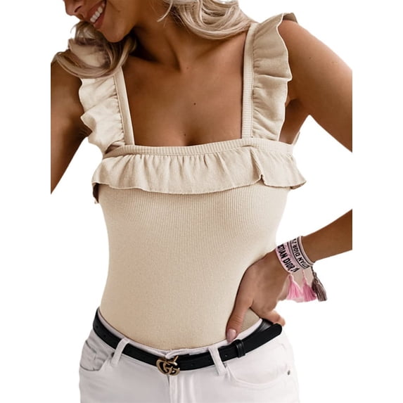 Summer Square Neckline Ruffle Strap Women Solid Slim Knit Camisole Tank Tops