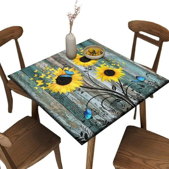 Summer Square Tablecloth, Waterproof Fitted Table Cloth for Outdoor Picnic Indoor, Yellow Lemon Print Wipeable Elastic Fabric Table Cover, Fits Tables up to 42" Square