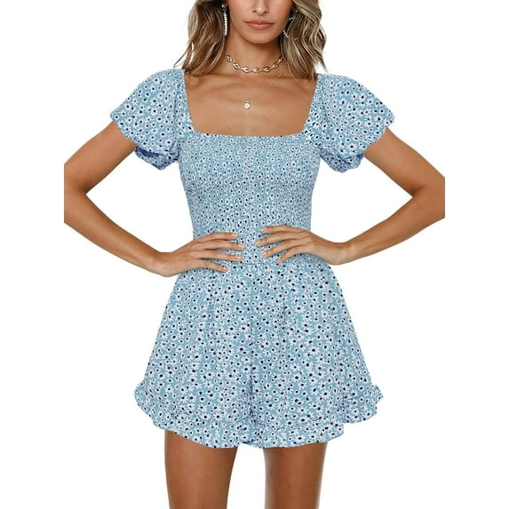 Summer Squareneck Women Shirred Smocked Short Wide Leg Pants Romper Jumpsuit