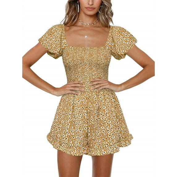 Summer Squareneck Women Shirred Smocked Short Wide Leg Pants Romper Jumpsuit