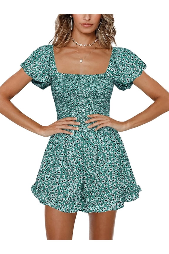 Summer Squareneck Women Shirred Smocked Short Wide Leg Pants Romper Jumpsuit