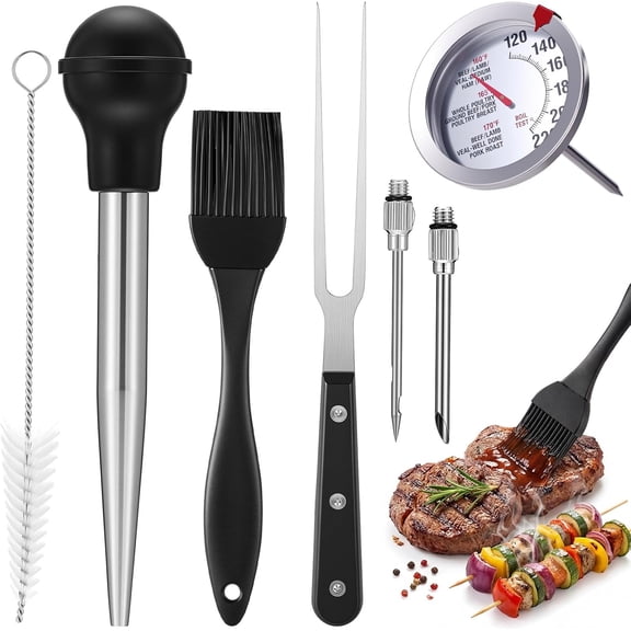 Summer Stainless Steel Turkey Baster Set with Meat Baster, Probe Food Thermometer, Fork Cleaning Brush Basting for Kitchen BBQ Camping Cooking Thanksgiving