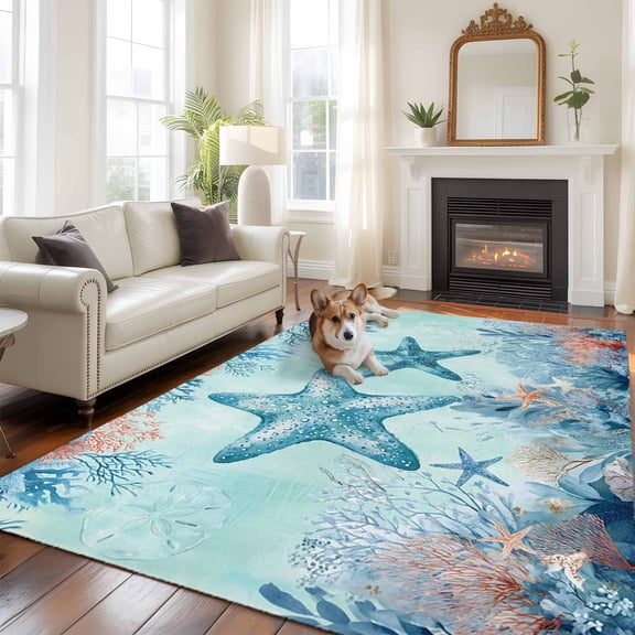 Summer Starfish 5x8 Rug for Bedroom Under Queen Bed Placement, Teal Orange Ocean Corals Coastal Marine Life Washable Non Slip Large Rectangle Area Rug