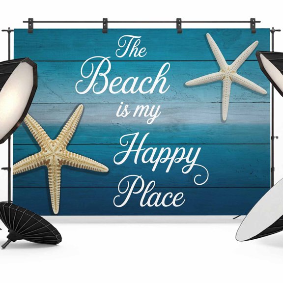 Summer Starfish Backdrop for Photoshoot, Photography Photo Studio Background Wall Backdrop, Blue Wood Grain Ombre Coastal Back Drop Banner Panel for Portraits Wedding Party Live Streaming Decor 7x5Ft