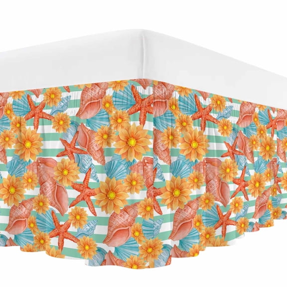 Summer Starfish Bed Skirt Bed Skirts Queen Size 16 Inch Drop, Coastal Orange Conch Flower Green Stripes Wrap Around Dust Ruffle Bedskirt with Adjustable Elastic Belt for Queen Size Beds