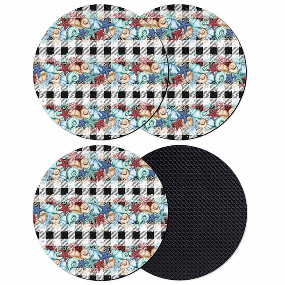 Summer Starfish Coasters Set of 4, Absorbent Coasters for Drinks, Blue Conch Coral Ocean Vintage Plaid Coaster for Desk Coffee Table Protection, Home Decor House Warming Gifts 4"