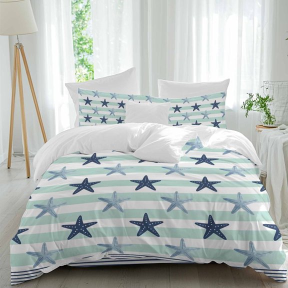Summer Starfish Comforter Set Twin Size, Mint Green White Strip Nautical Style Soft Bedding Set for Man Woman, 4 Pieces Duvet Cover Set with Fitted Sheet, 2 Pillowcases