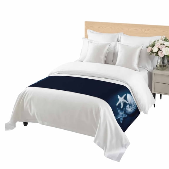 Summer Starfish Conch Bed Runner for Queen Size Bed, Modern Coastal Ocean Marine Life Dark Blue Soft Bedding Scarf Bedding Protector Slipcover Sofa Throw for Bedroom Hotel Guesthouse