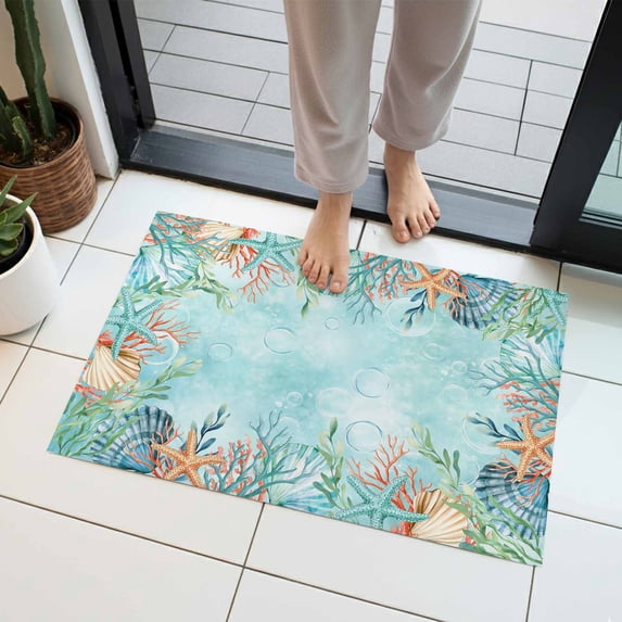 Summer Starfish Coral Indoor Door Mat 16x24 Inch Watercolor Seaweed Ocean Aqua Front Door Mat Non Slip Washable Entryway Rug Low Profile Dirt Trapper Doormat for Bathroom Kitchen Bedroom
