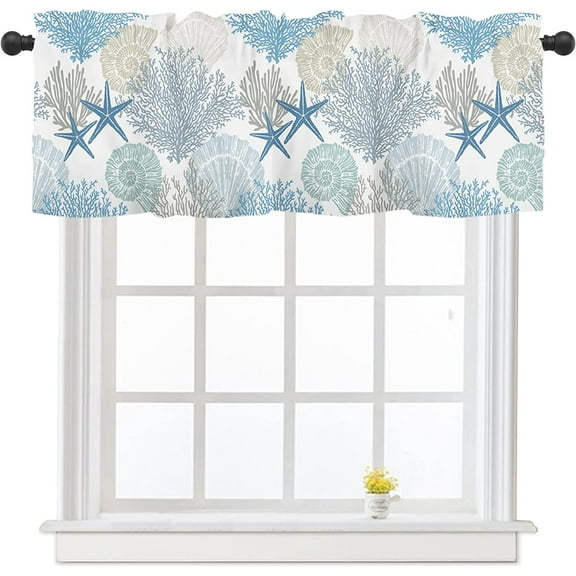 Summer Starfish Coral Kitchen Curtains Valances for Windows Beach Coastal Seashell Window Curtain 54x18 Inch Blue White Short Rod Pocket Bathroom Treatment Valance for Living Room Bedroom Decor
