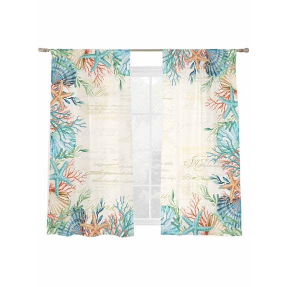 Summer Starfish Coral Sheer Curtains 63 Inch Long 2 Panels, Watercolor Seaweed Ocean Retro Light Filtering Rod Pocket Curtains, Sheer Voile Drapes for Living Room Bedroom, 52"x63"