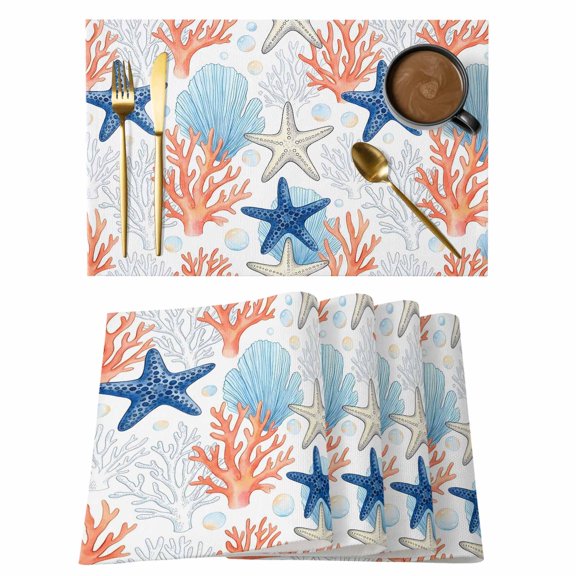 Summer Starfish Coral Shell Bubble Placemats Set of 6,Wipeable Washable Table Mats for Dining Tables, Underwater Marine Creature Place Mats for Kitchen Event Party Tabletop Decor