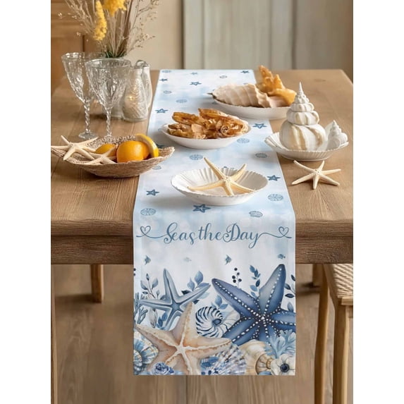 Summer Starfish Gradient Blue Table Runner 13x90in Non-Slip Cotton Linen Table Runners, Seaside Beach Shells Dresser Scarves TableRunner for Dinner Kitchen Dining Wedding Party