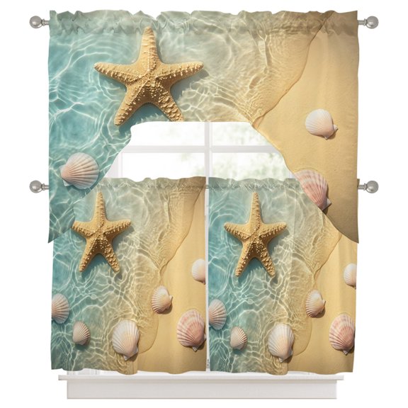 Summer Starfish Kitchen Curtains Swag Valance and Tier Curtains Set 24 Inch Length, Nautical Coastal Shells Zen Peach Cream Rod Pocket Drape Panels Pair Swag Curtains for Bathroom/Cafe/Window