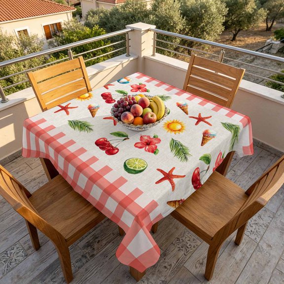 Summer Starfish Lemon Cherry Table Cloth 60x60in, Waterproof Square Tablecloth Wipeable Tablecloths Red White Plaid Background Table Covers for Dining Tables Party Indoor Outdoor