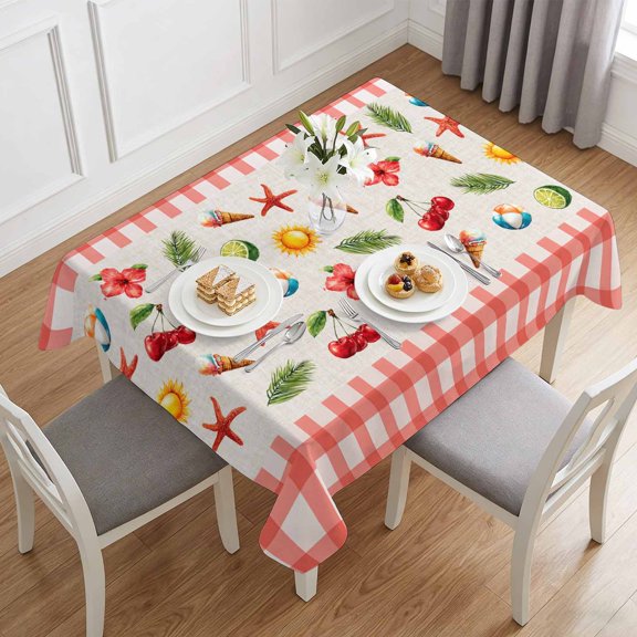 Summer Starfish Lemon Cherry Table Cloth 60x84in, Waterproof Rectangle Tablecloth Wipeable Tablecloths Red White Plaid Background Table Covers for Dining Tables Party Indoor Outdoor