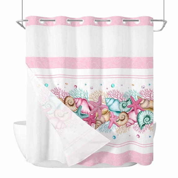 Summer Starfish Pink No Hook Shower Curtain Waterproof, Bathroom Curtains with Snap in Liners and See Through Top Window, Beach Coral Conch Coastal Hotel Style Bathtub Curtains Shower 66"Wx72"L