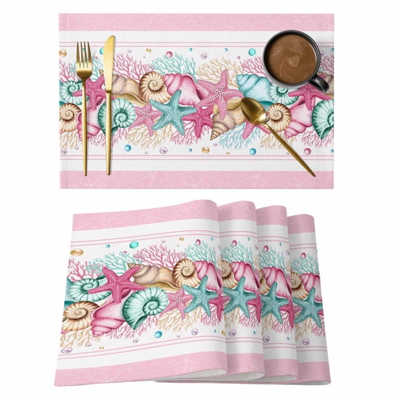 Summer Starfish Pink Placemats Set of 8, Beach Coral Conch Coastal Placemats for Dining Table, Place Mats for Kitchen Tabletop, Waterproof Wipeable Dining Table Mats Set