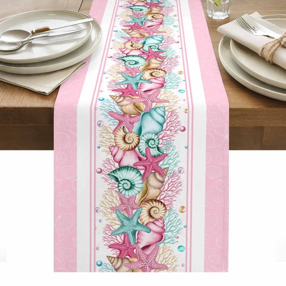 Summer Starfish Pink Table Runner - 70 Inch Long, Kitchen Dining Table Runner Dresser Scarves, Beach Coral Conch Coastal Farmhouse Decor for Coffee Tables Wedding Party Banquet