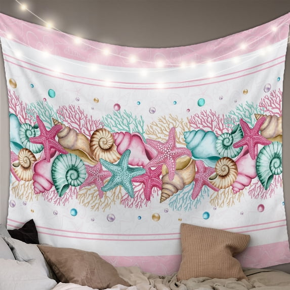 Summer Starfish Pink Tapestry for Bedroom Wall Hanging Tapestry, Beach Coral Conch Coastal Ceiling Backdrop Tapestries Poster Blanket Wall Decor for Teens Room Living Room Dorm 39" x 59"