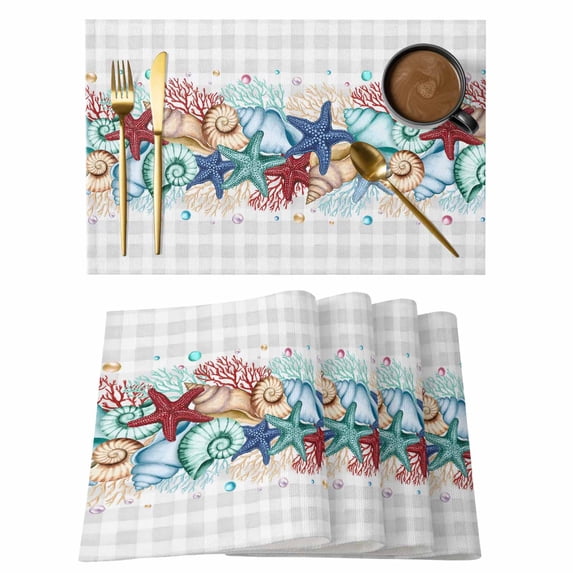 Summer Starfish Placemats Set of 4, Blue Coral Beach Couch Coastal Grey Plaid Placemats for Dining Table, Place Mats for Kitchen Tabletop, Waterproof Wipeable Dining Table Mats Set