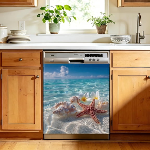 Summer Starfish Seashell Dishwasher Cover Magnet, 23 x 26 Inch Trimmable Magnetic Sticker for Dishwasher Front Panel, Easy Clean Decor for Fridge
