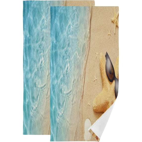 Summer Starfish Seashell Kitchen Hand Towels 2 PCS, Sand Beach Seaside Ocean Fingertip Bath Towels Ultra Soft and Highly Absorbent, Decorative Face Towels Dish Washcloths, 28.3"x14.4"