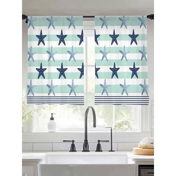 Summer Starfish Sheer Curtains 45 inches Long, Mint Green White Strip Nautical Style Light Filtering Sheer Window Curtains Rod Pocket Voile Drapes for Bedroom Living Room, 2 Panels